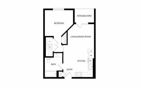 Floor plan for 1 bed, 1 bath, 604 sqft